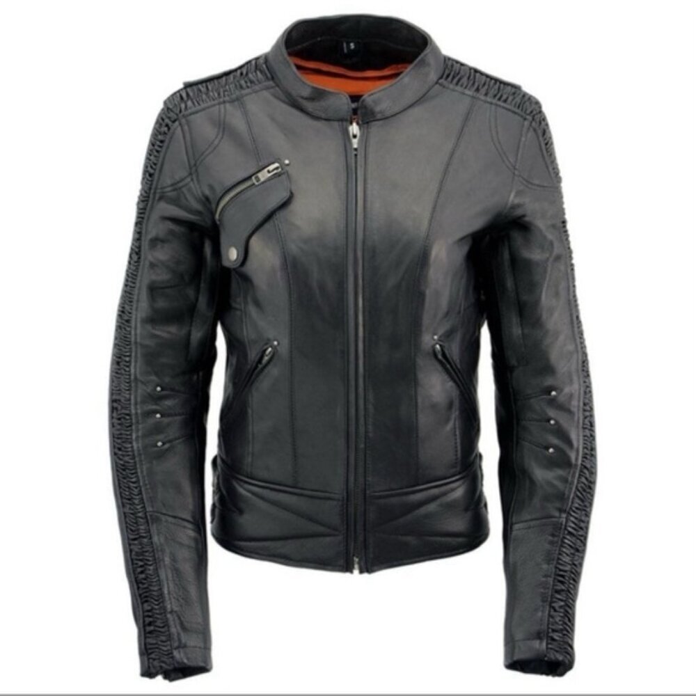 Milwaukee Leather Jacket JMLL2571 Black Crinkled Arm Motorcycle Bomber Goatskin